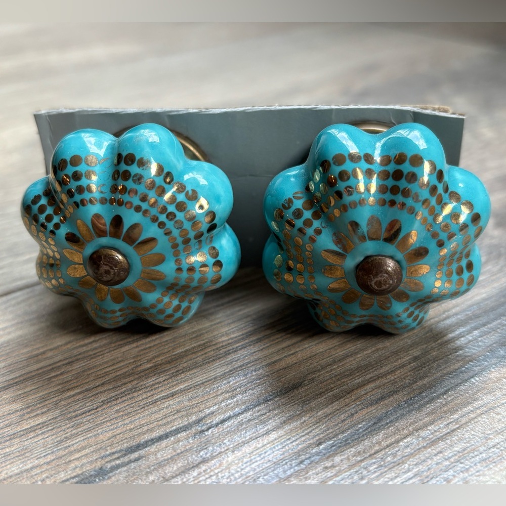 Set of 2 Ceramic Decorative Drawer Pull Knobs Teal Turquoise NEW